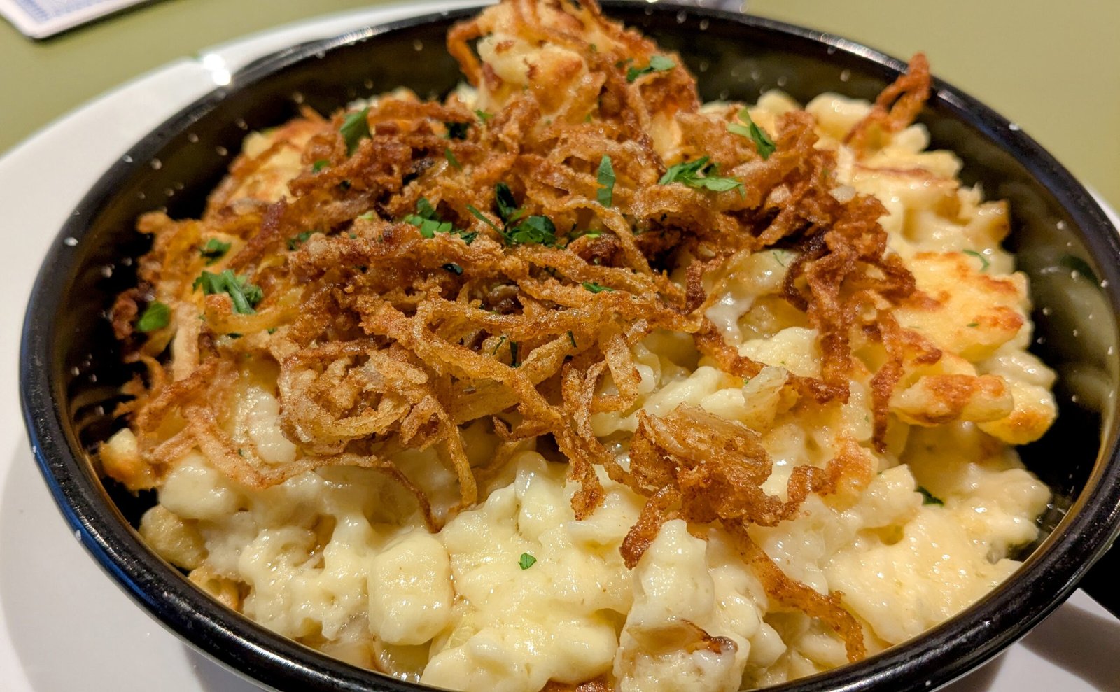 austrian käsespätzle with fried onions spinkled on top