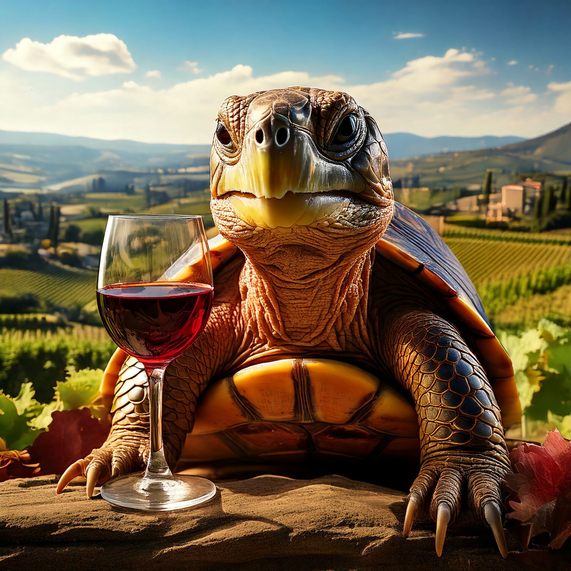 a cartoon of a tortoise drinking a glass of red wine with picturesque vineyards in the background