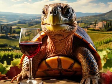 a cartoon of a tortoise drinking a glass of red wine with picturesque vineyards in the background