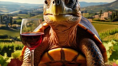 a cartoon of a tortoise drinking a glass of red wine with picturesque vineyards in the background