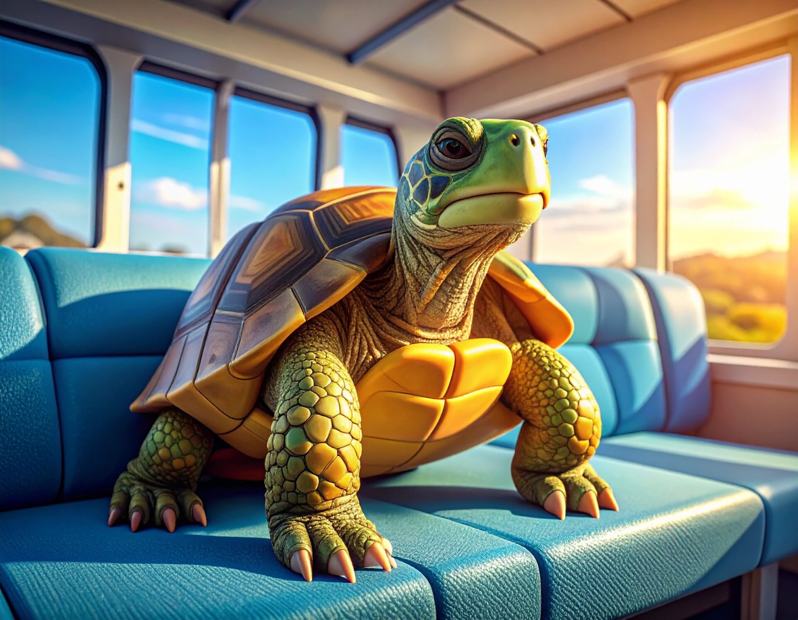 a tortoise sitting on a blue seat on a bus