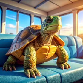 a tortoise sitting on a blue seat on a bus