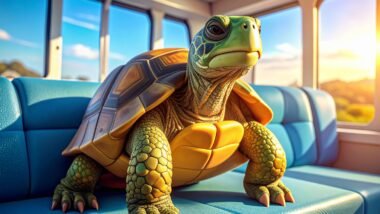 a tortoise sitting on a blue seat on a bus