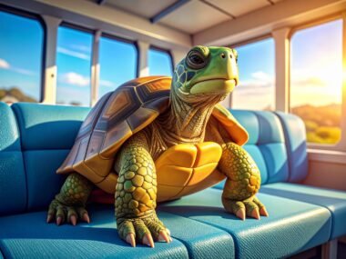 a tortoise sitting on a blue seat on a bus