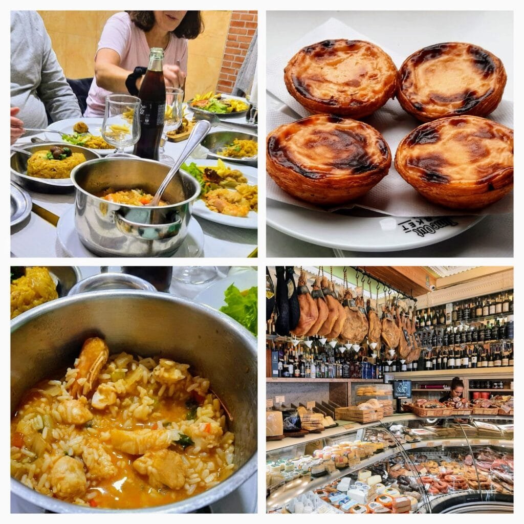 sample dishes on the tastes and traditions food tour in lisbon, including pastel de nata and arroz de marisco