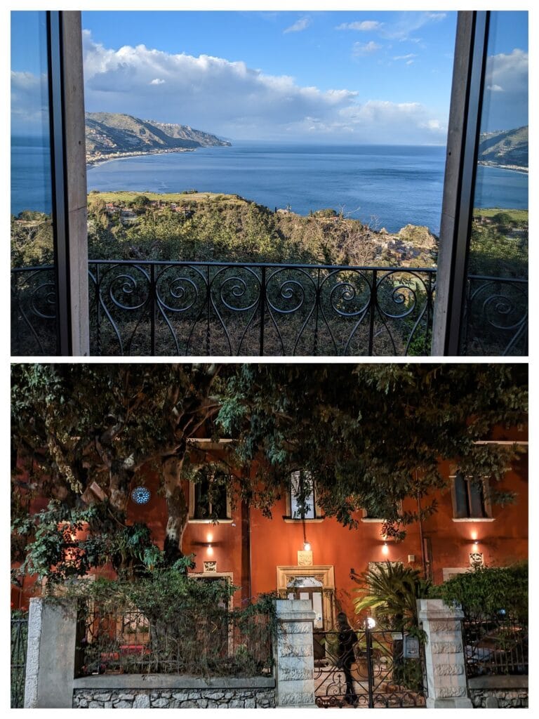 is taormina worth visiting? With the view from a room in villa astoria in taormina over the sea, and the pretty hotel lit up at night from the outside it is hard to see why not