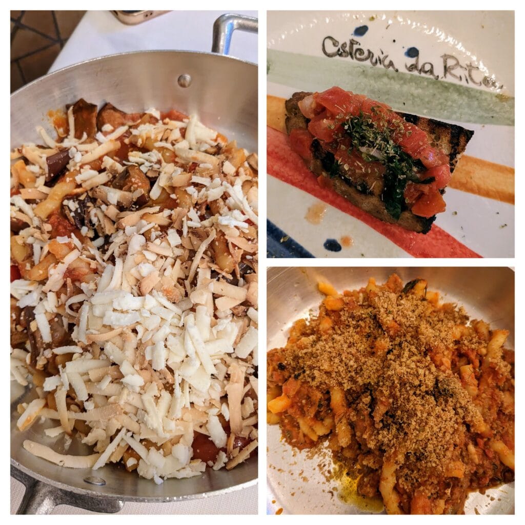 two pasta dishes and some bruschetta in a restaurant in taormina, sicily