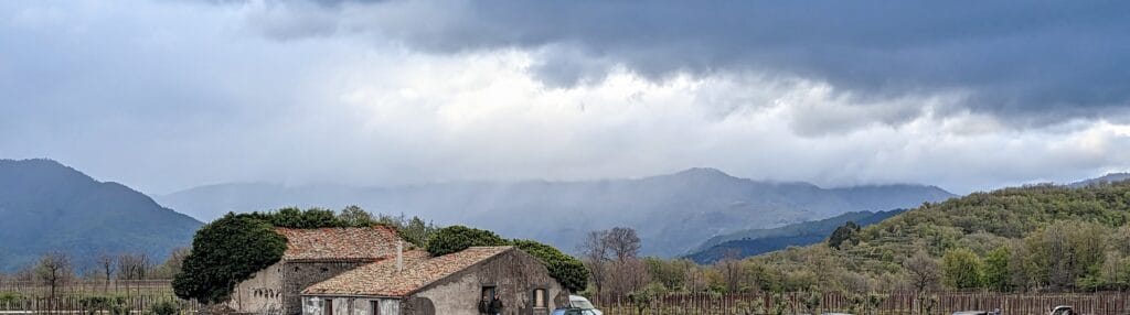 vineyards with mount etna in the background and a cloudy sky above