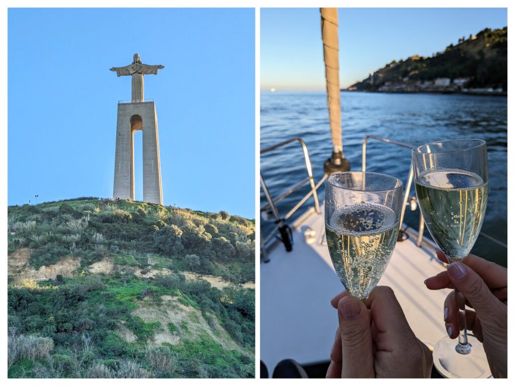 Cristo Rei statue and wine served during the lisbon boat cruise
