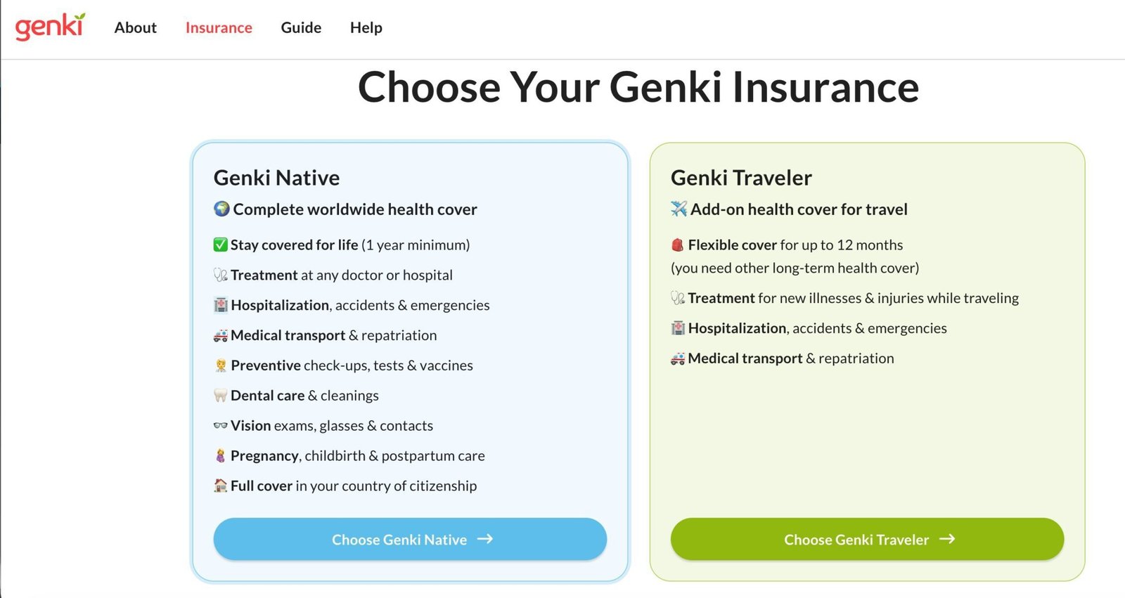 a screenshot detailing the differences between a genki traveler and genki native health insurance policy