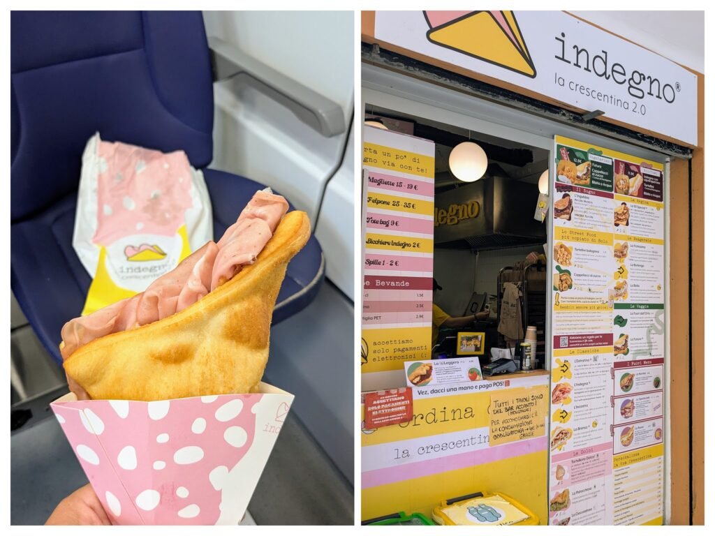 a crescentina sandwich filled with mortadella in bologna, and the outside of a small food shop