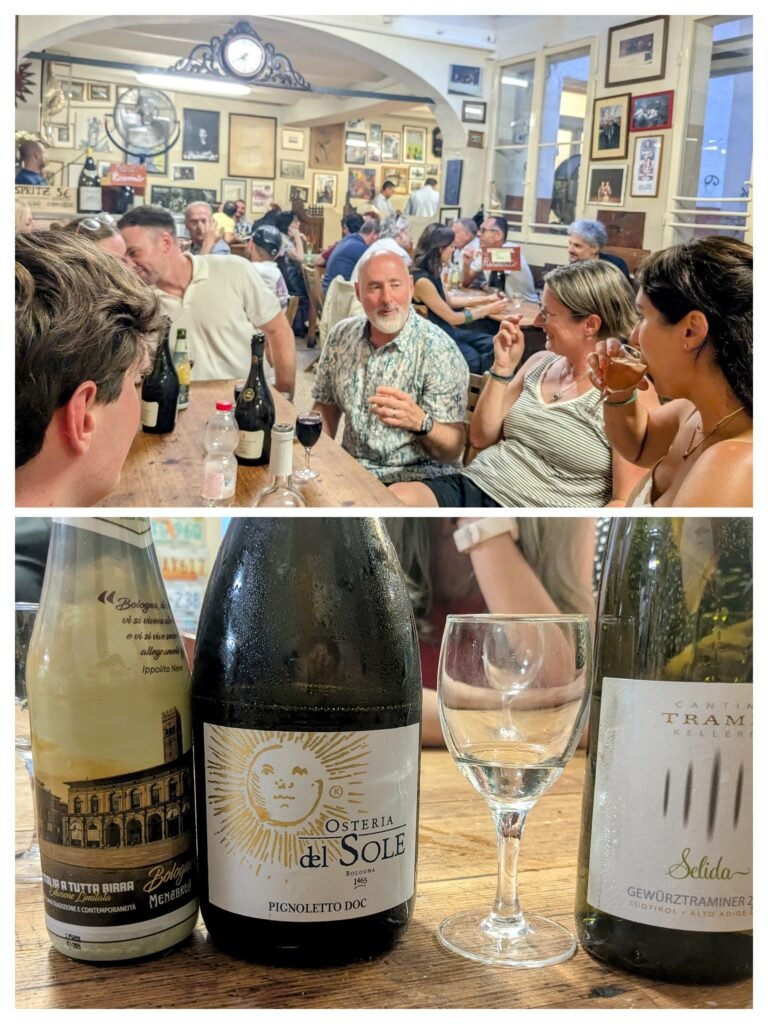 a two photo collage including people sat around a table at osteria del sole in bologna, and three bottles of wine lined up next to one another.