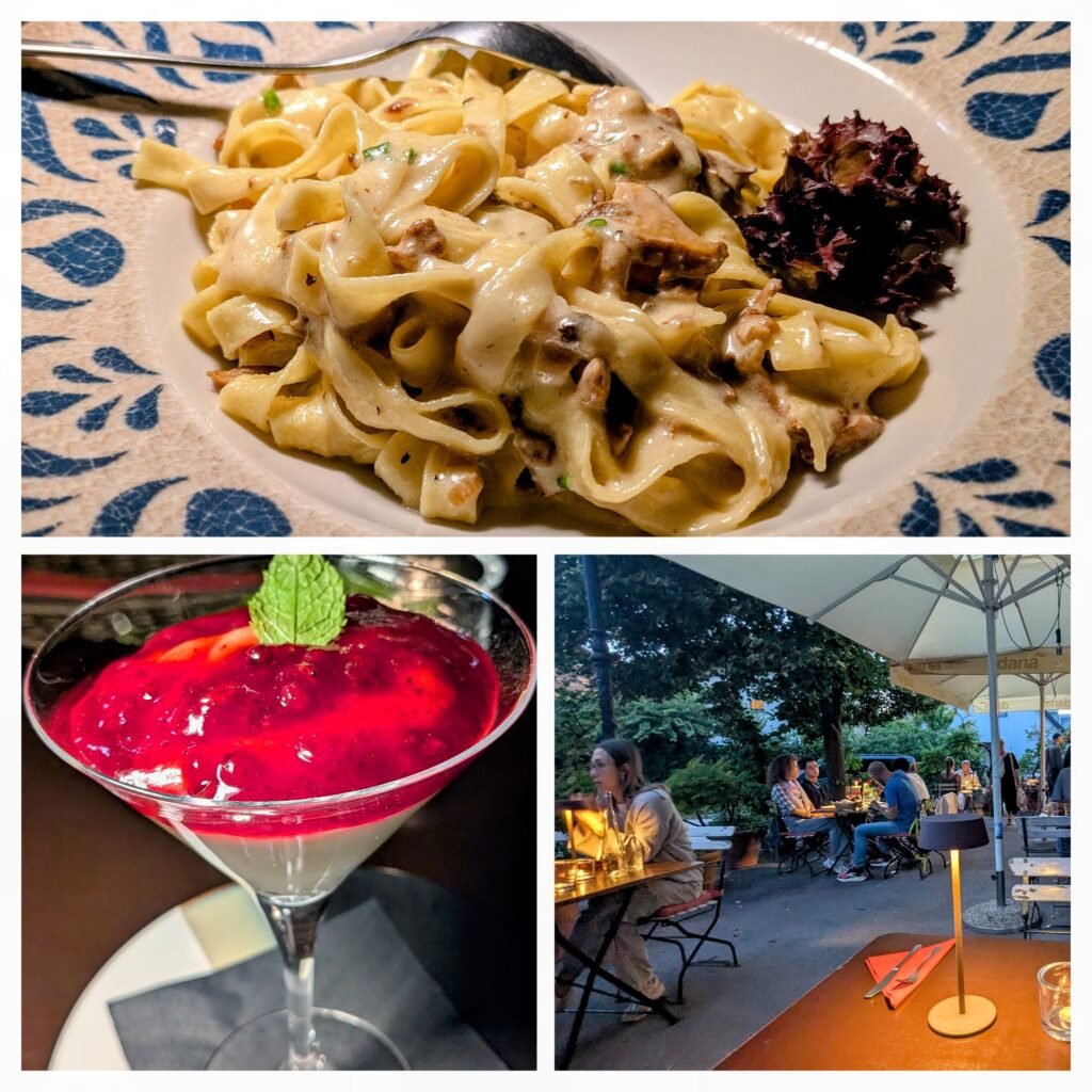 a collage of photos from restaurant Pri Škofu in ljubljana slovenia, including a mushroom tagliatelle and a cranberry dessert served in a martini glass