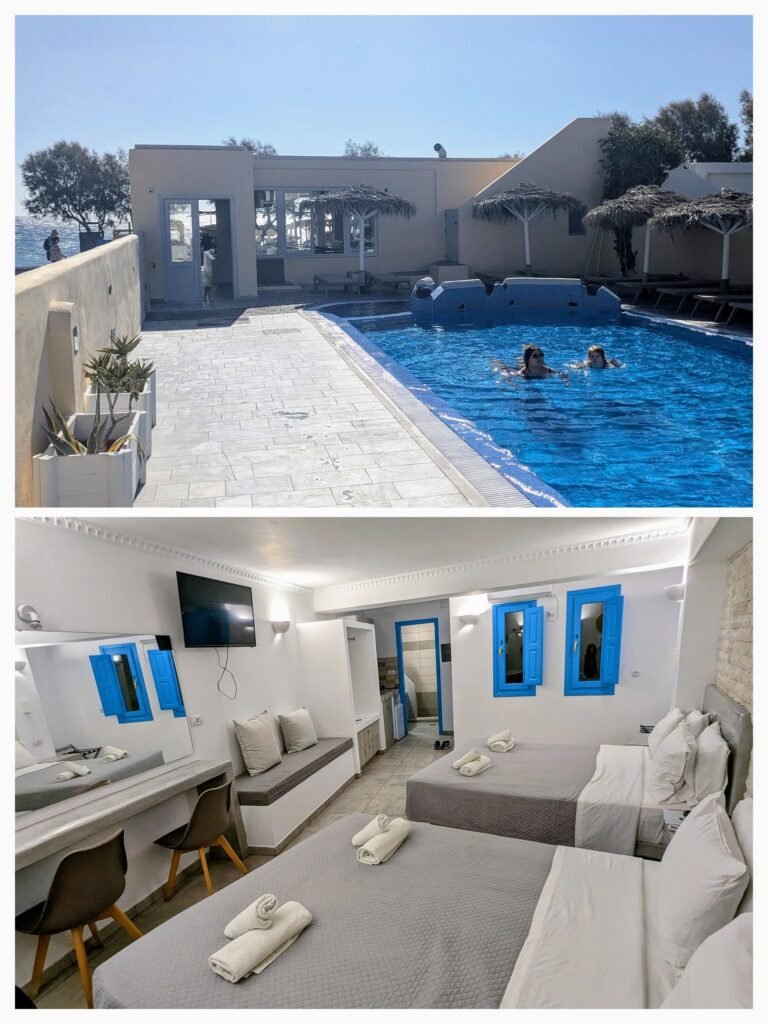 a photo collage of the swimming pool and inside a double room at perissa bay hotel in santorini