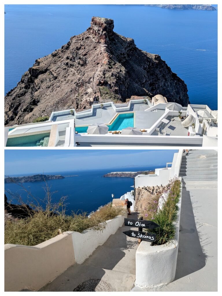 skaros rock in santorini and the signage to reach there