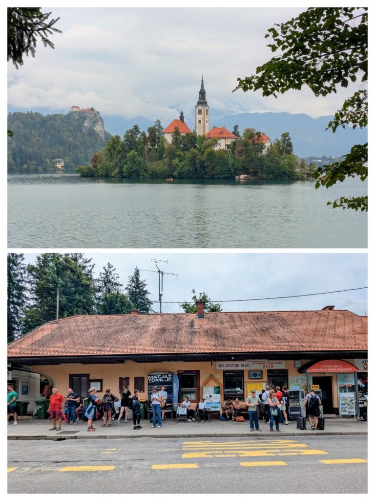 a picture of lake bled and lake bled bus station