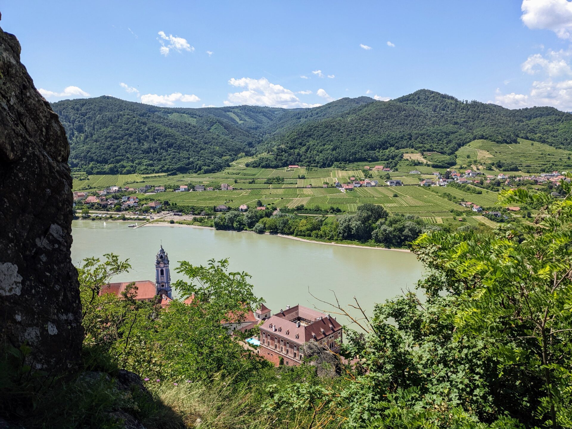 the view down to the danube from half way up dürnstein castle