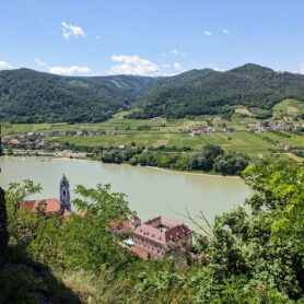 the view down to the danube from half way up dürnstein castle