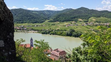 the view down to the danube from half way up dürnstein castle