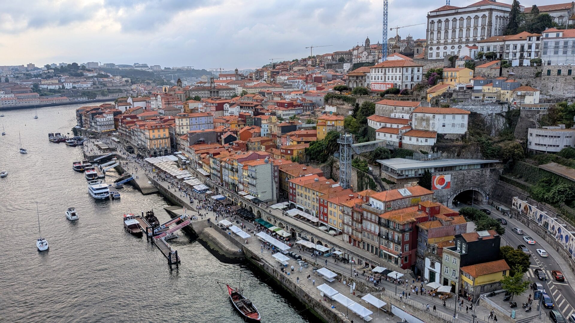 ribeira waterfront from the pointe luis I bridge in porto