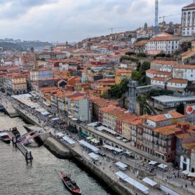 ribeira waterfront from the pointe luis I bridge in porto