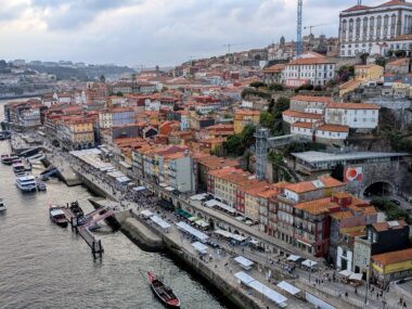 ribeira waterfront from the pointe luis I bridge in porto