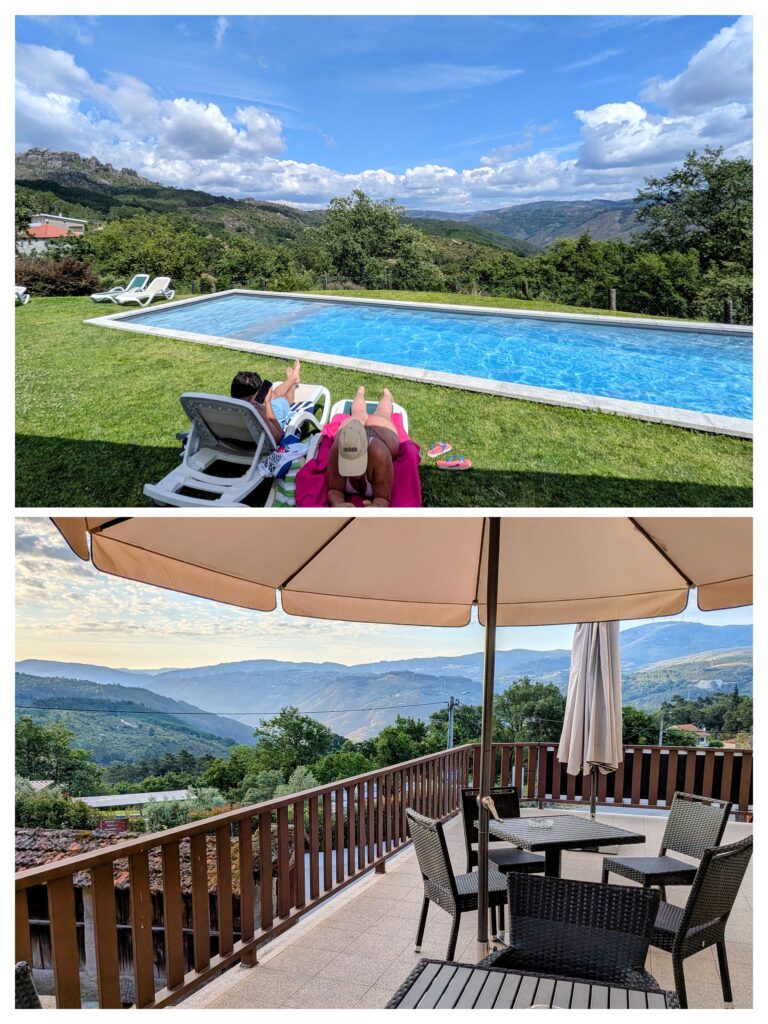 a photo collage of the swimming pool and terrace at retiro do geres