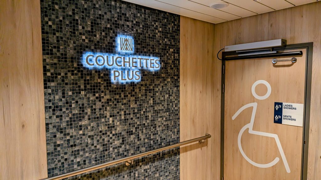 Entrance to the communal showers in Couchette Plus