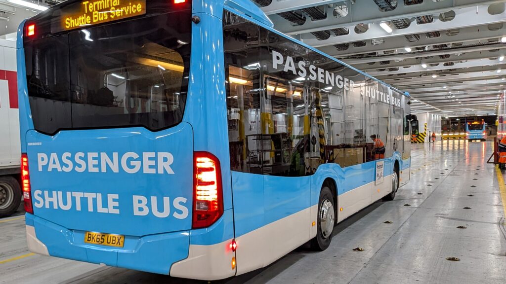 The bus waiting on the ferry's car deck to take us to passport control once all the other vehicles had disembarked